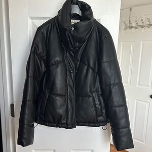Women's Black faux leather Puffer Jacket